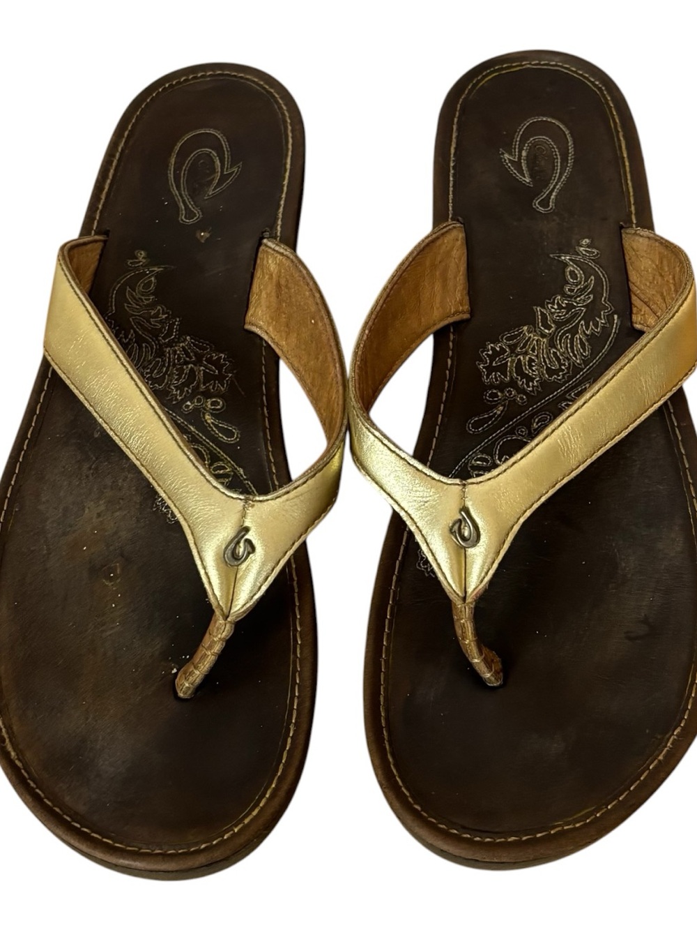 Olukai wedge heels sandals thong gold leather size 9. - Picture 2 of 8